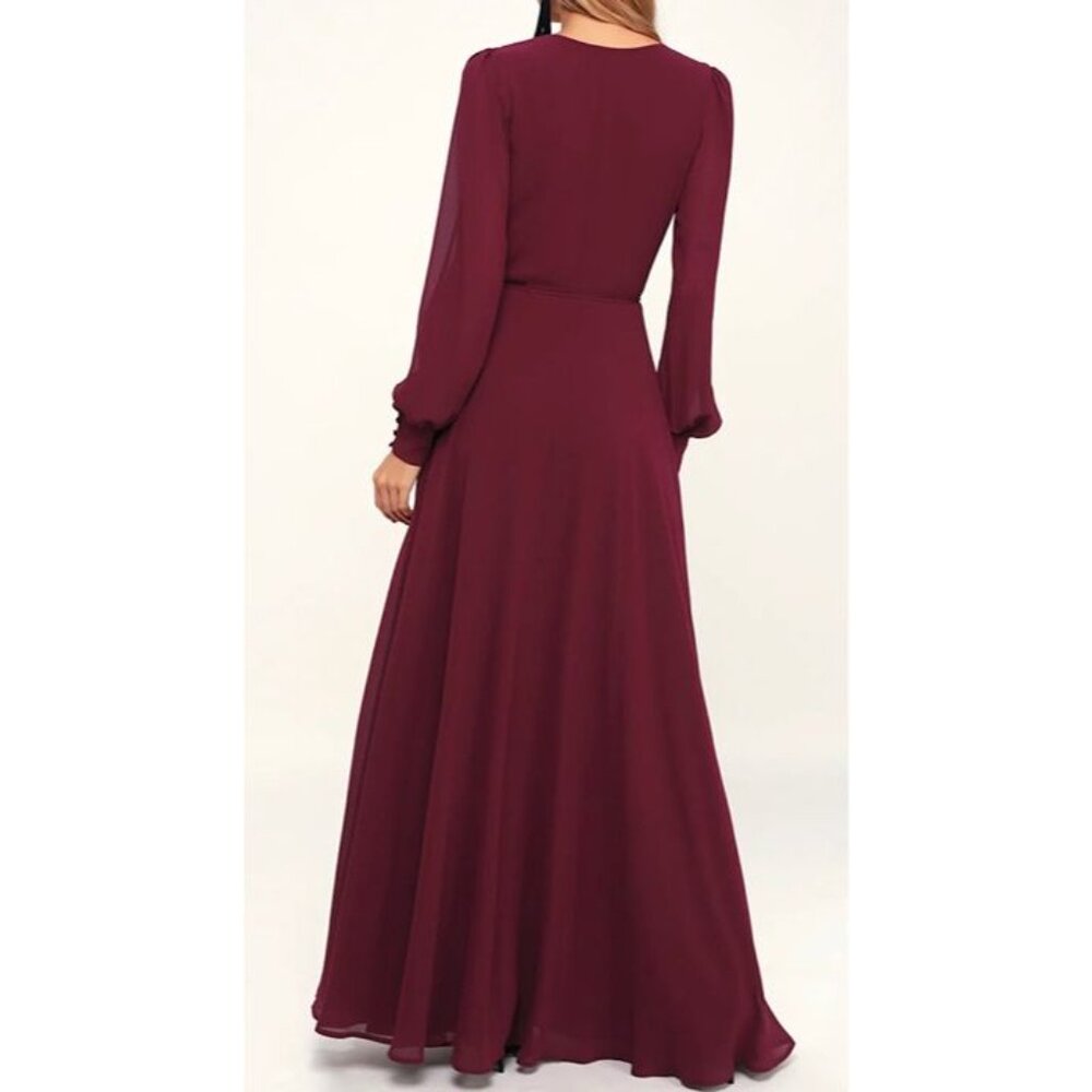 NWT Lulu's Red Wrap Gown with Ruffled Hem and Bishop Sleeves Large - Picture 3 of 12